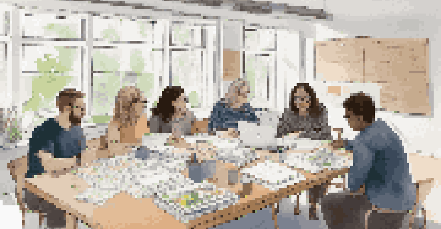 Educators collaborating on language teaching strategies with laptops and notes in a bright, sunlit room.