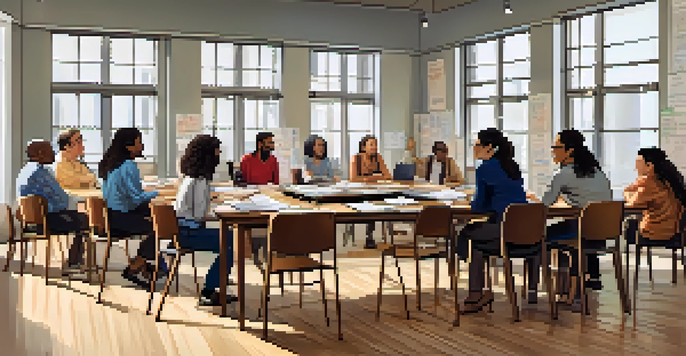 A diverse group of adult learners engaged in discussion at a table with laptops and notebooks, in a brightly lit classroom.