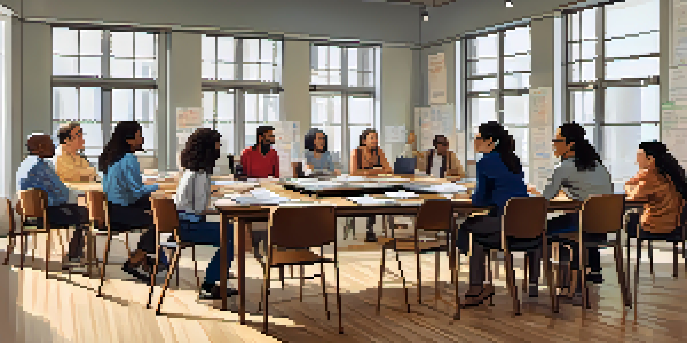 A diverse group of adult learners engaged in discussion at a table with laptops and notebooks, in a brightly lit classroom.