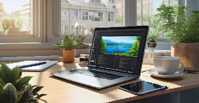 A bright and organized office workspace with a laptop, tablet, and smartphone on a desk, surrounded by plants and motivational posters.