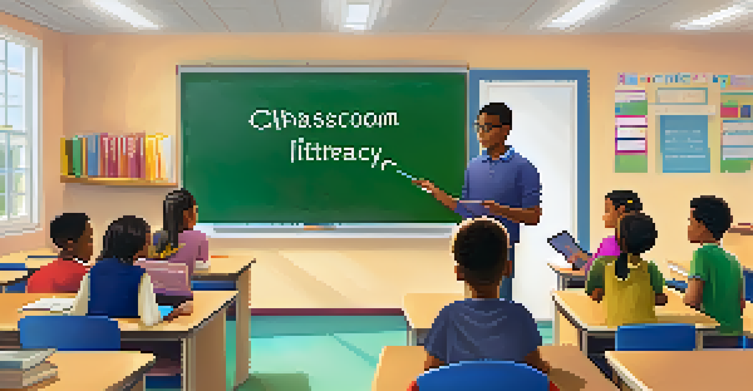 A classroom scene where a teacher explains digital citizenship to engaged students, with educational posters on the walls.