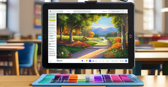 A tablet displaying a colorful digital portfolio filled with student artwork, essays, and videos, set against a soft-focus classroom background.