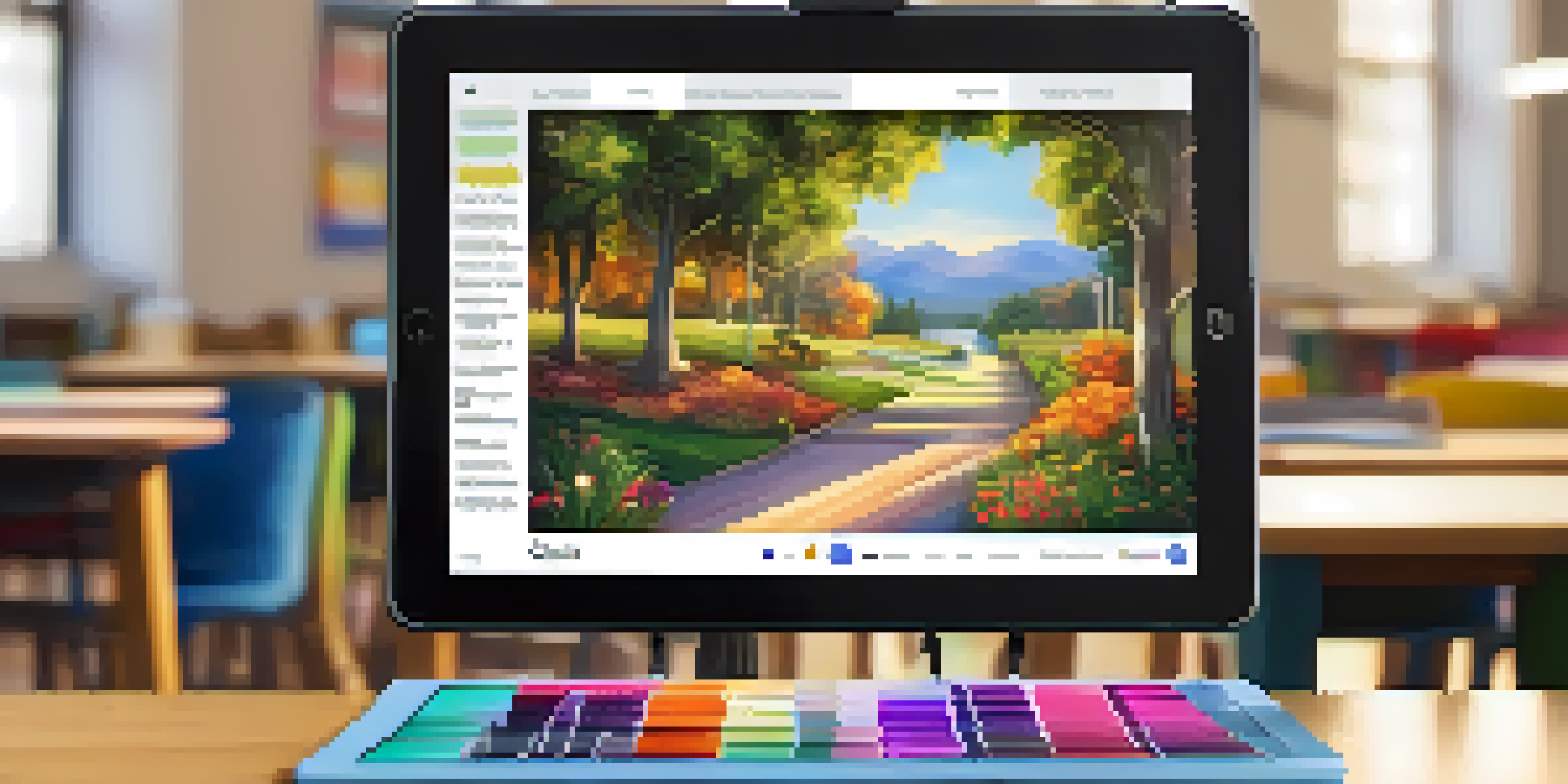 A tablet displaying a colorful digital portfolio filled with student artwork, essays, and videos, set against a soft-focus classroom background.