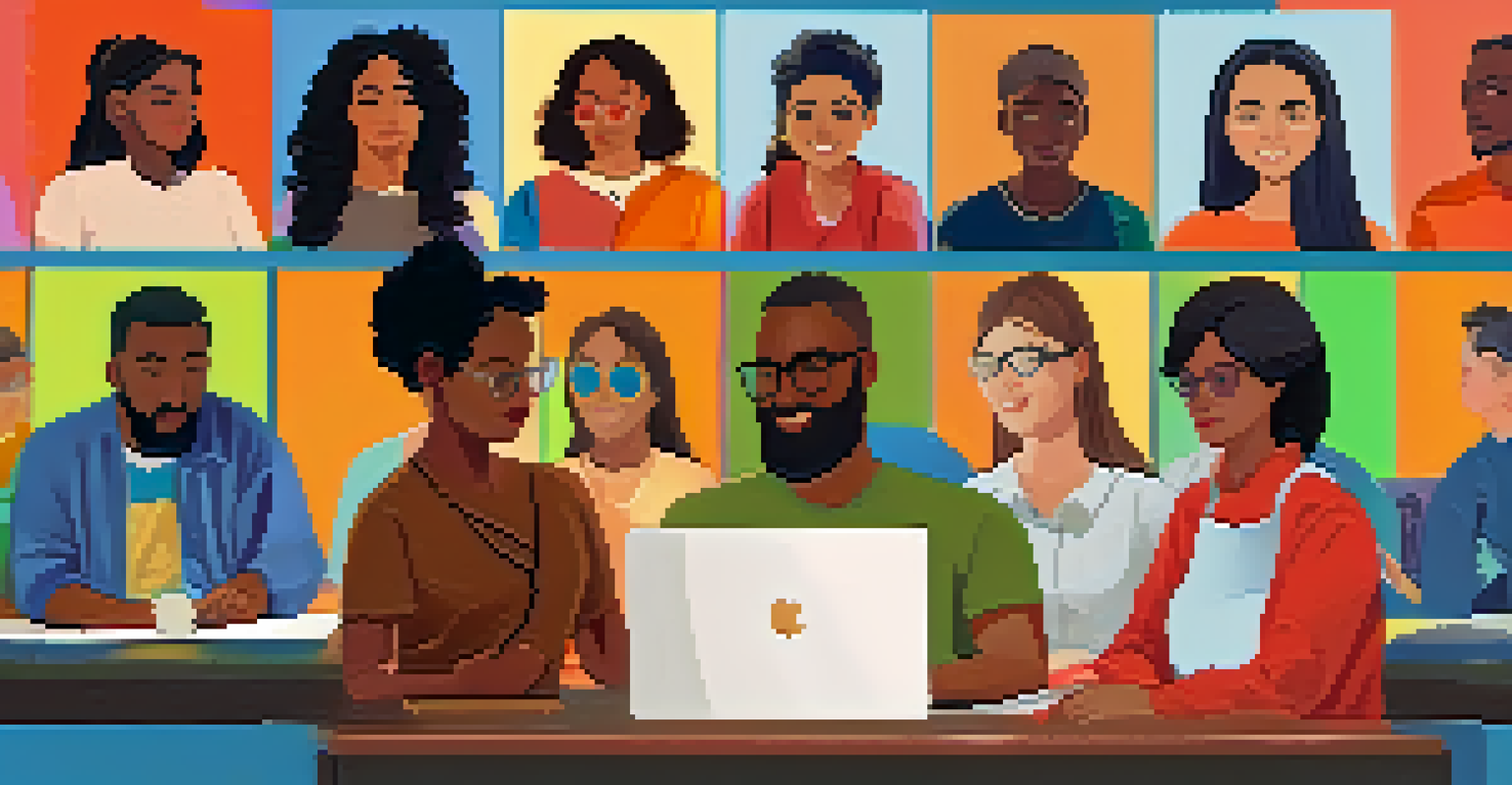 A virtual classroom with diverse students on screens, each in different cultural settings, illustrating online collaboration.