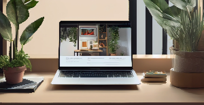 A laptop displaying a colorful digital portfolio with various creative works, set in a warm and inviting workspace.