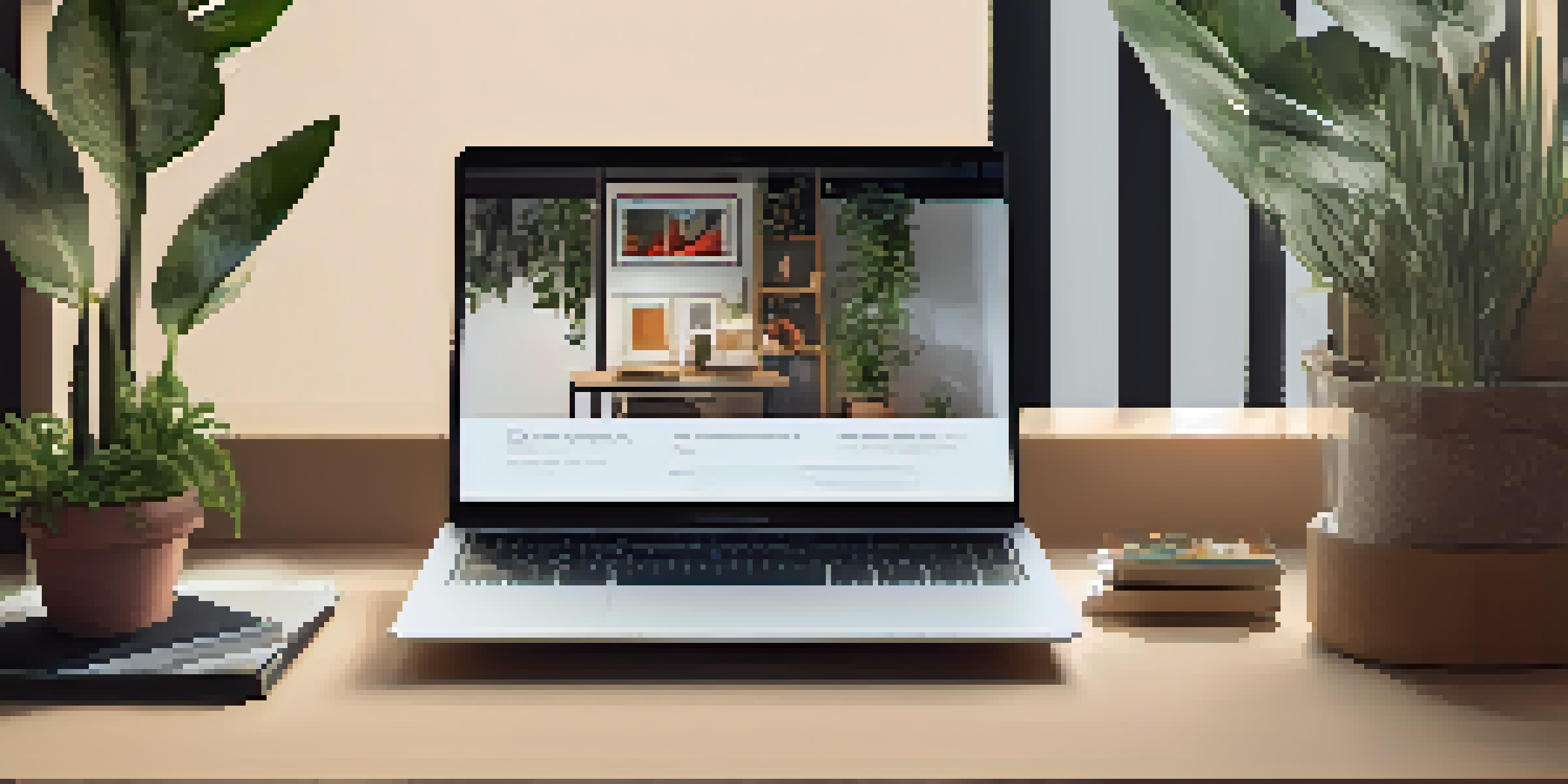 A laptop displaying a colorful digital portfolio with various creative works, set in a warm and inviting workspace.