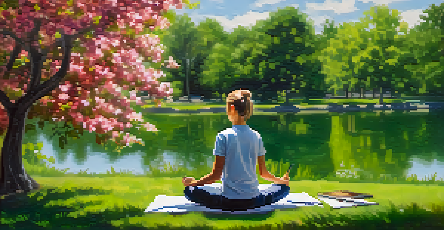 A student practicing mindfulness in a tranquil park environment, surrounded by nature and vibrant flowers.