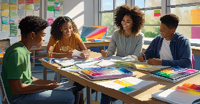 A group of diverse students working together at a table, with art supplies and laptops, in a brightly lit classroom.