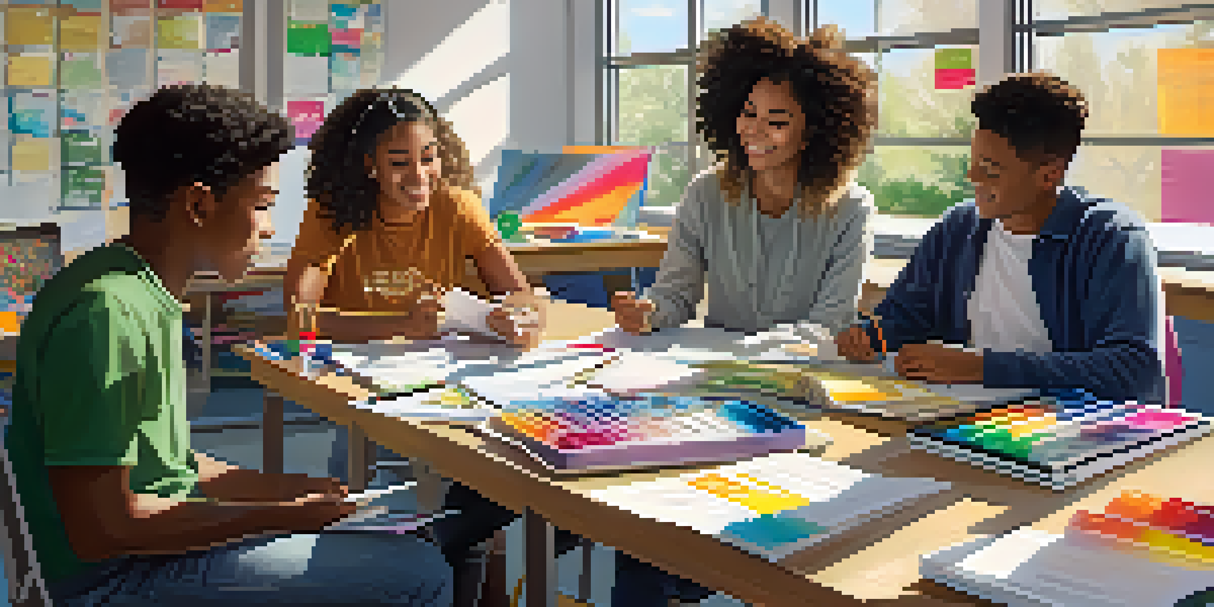 A group of diverse students working together at a table, with art supplies and laptops, in a brightly lit classroom.