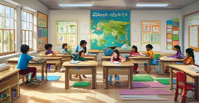 A bright classroom with diverse students working together at a round table, guided by a teacher, surrounded by colorful educational posters.