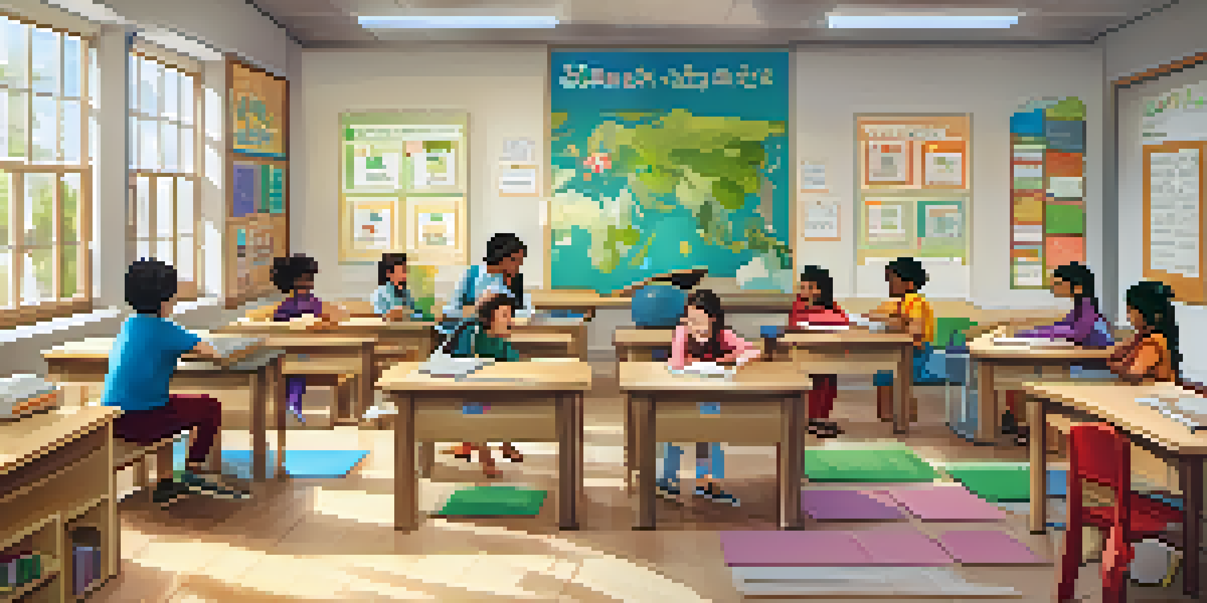 A bright classroom with diverse students working together at a round table, guided by a teacher, surrounded by colorful educational posters.