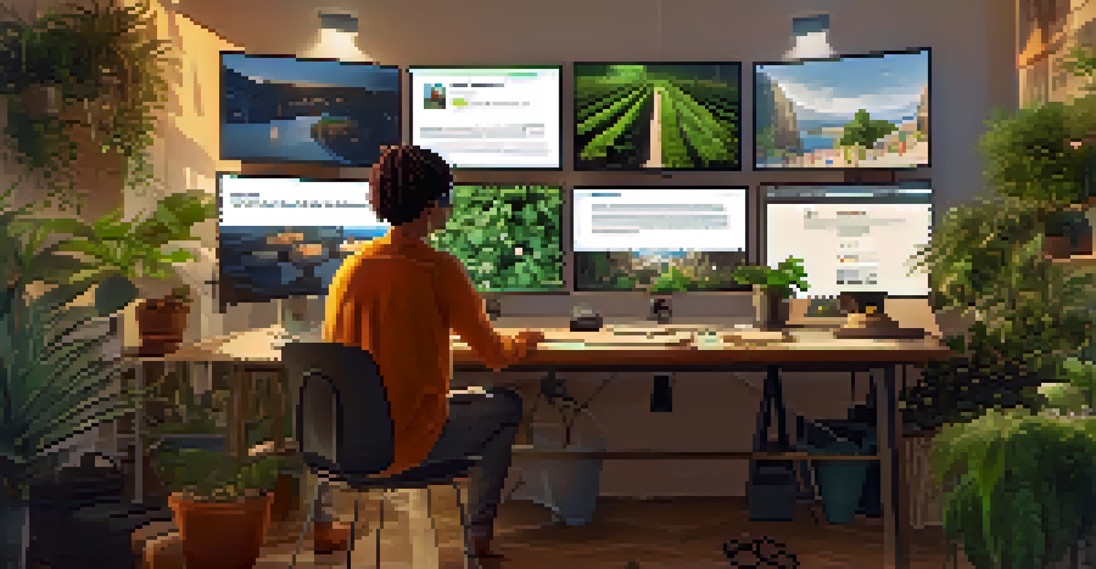 A person at a desk surrounded by screens showing positive reviews, with a warm and inviting atmosphere.