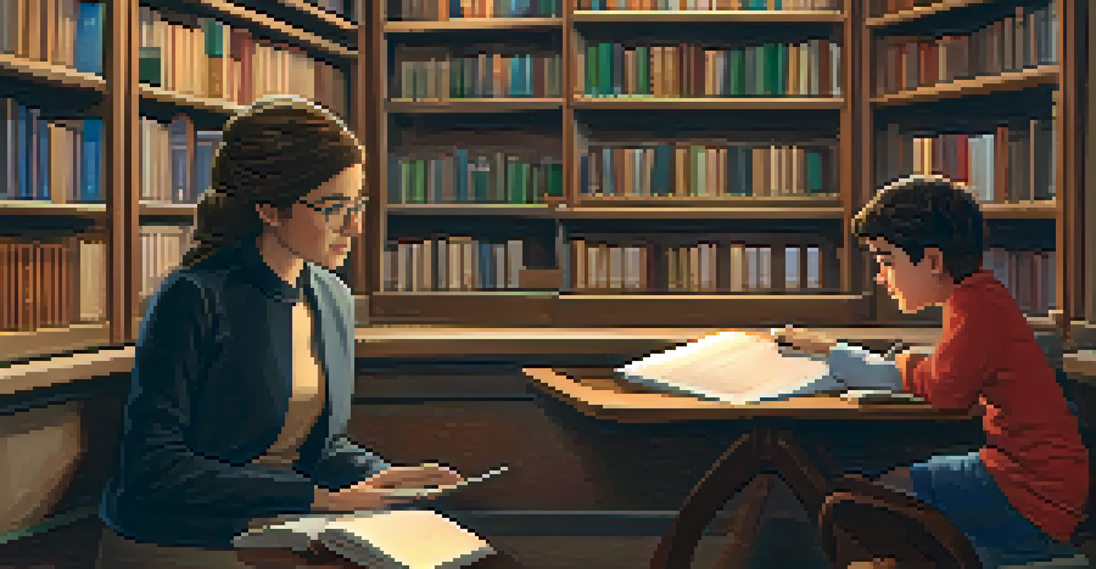 A teacher giving feedback to a student in a comfortable reading area filled with books.