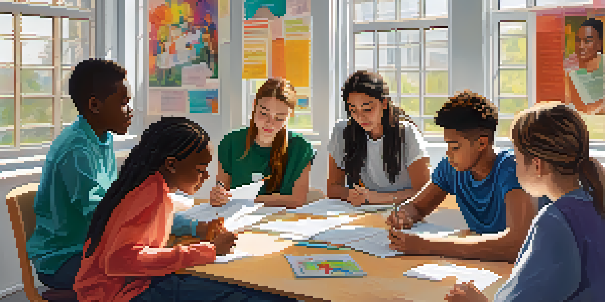 A diverse group of students collaborating and providing feedback during a peer assessment session in a bright classroom.