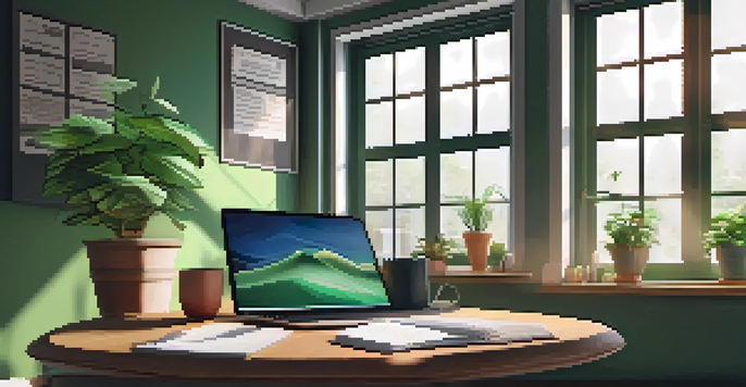 A study space with a desk, laptop, notebooks, coffee, and plants, bathed in natural light.