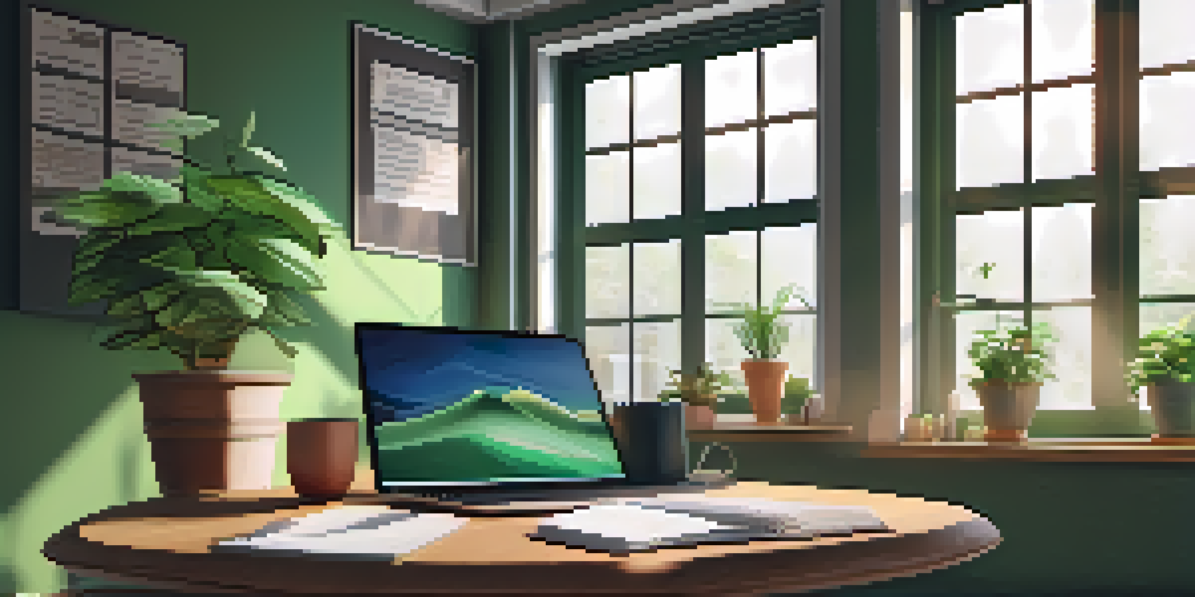 A study space with a desk, laptop, notebooks, coffee, and plants, bathed in natural light.