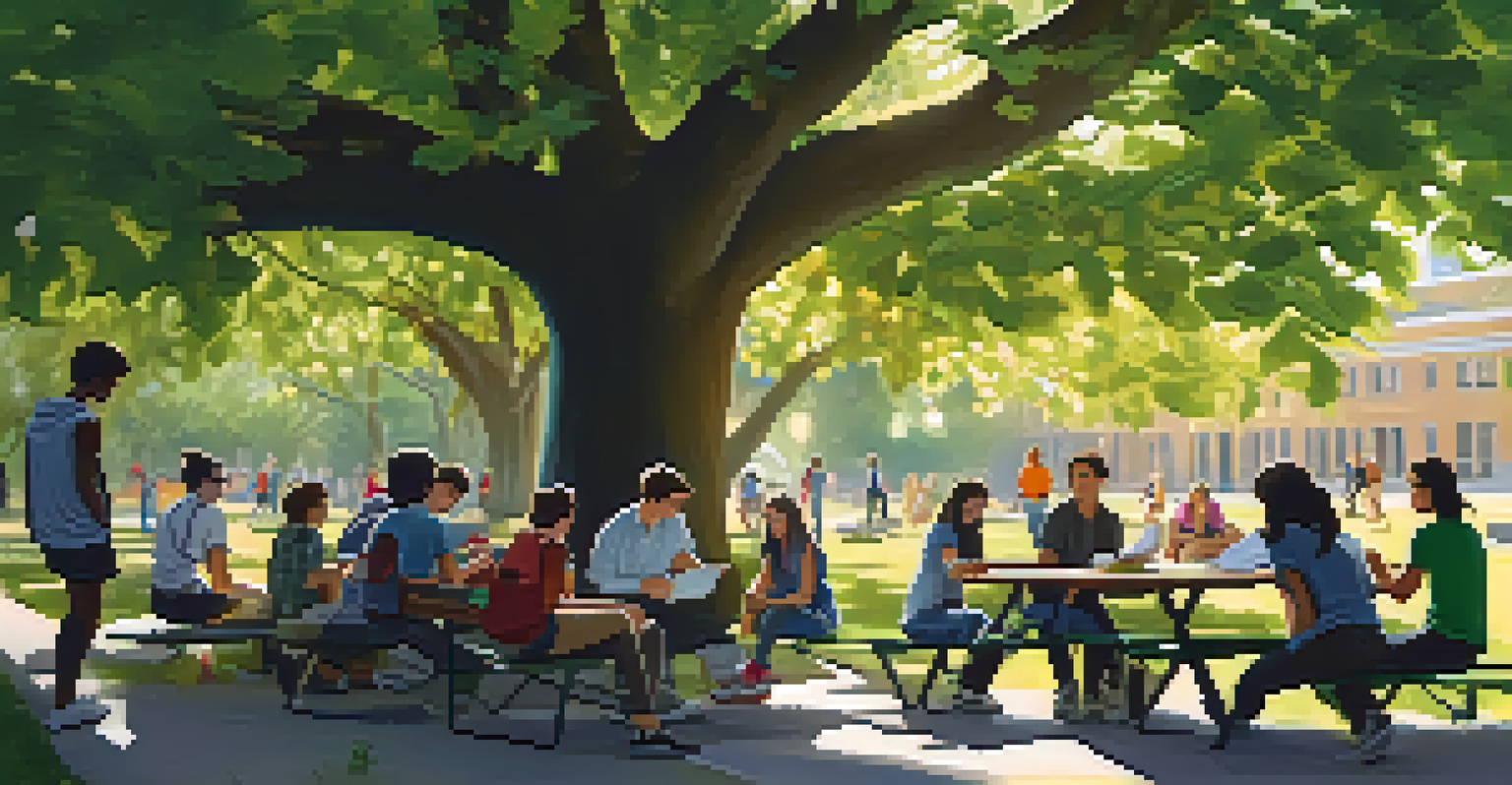 Students collaborating outdoors under a tree, surrounded by nature, discussing their project and sharing ideas in a team setting.