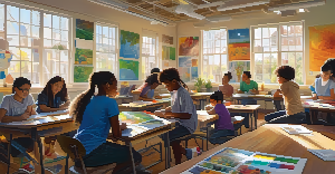 A vibrant classroom with diverse students collaborating on a project. Sunlight illuminates the room filled with educational materials.