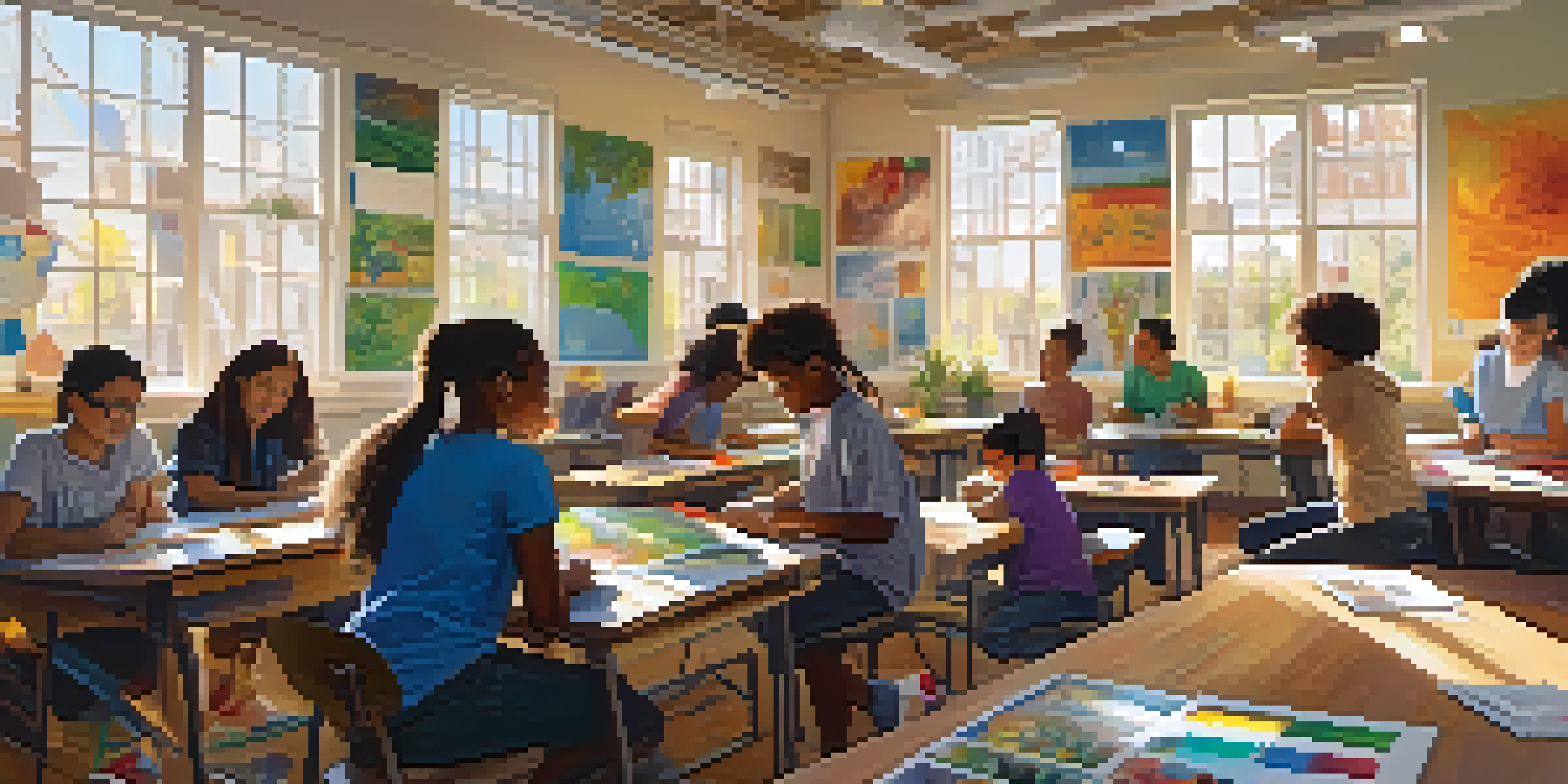 A vibrant classroom with diverse students collaborating on a project. Sunlight illuminates the room filled with educational materials.