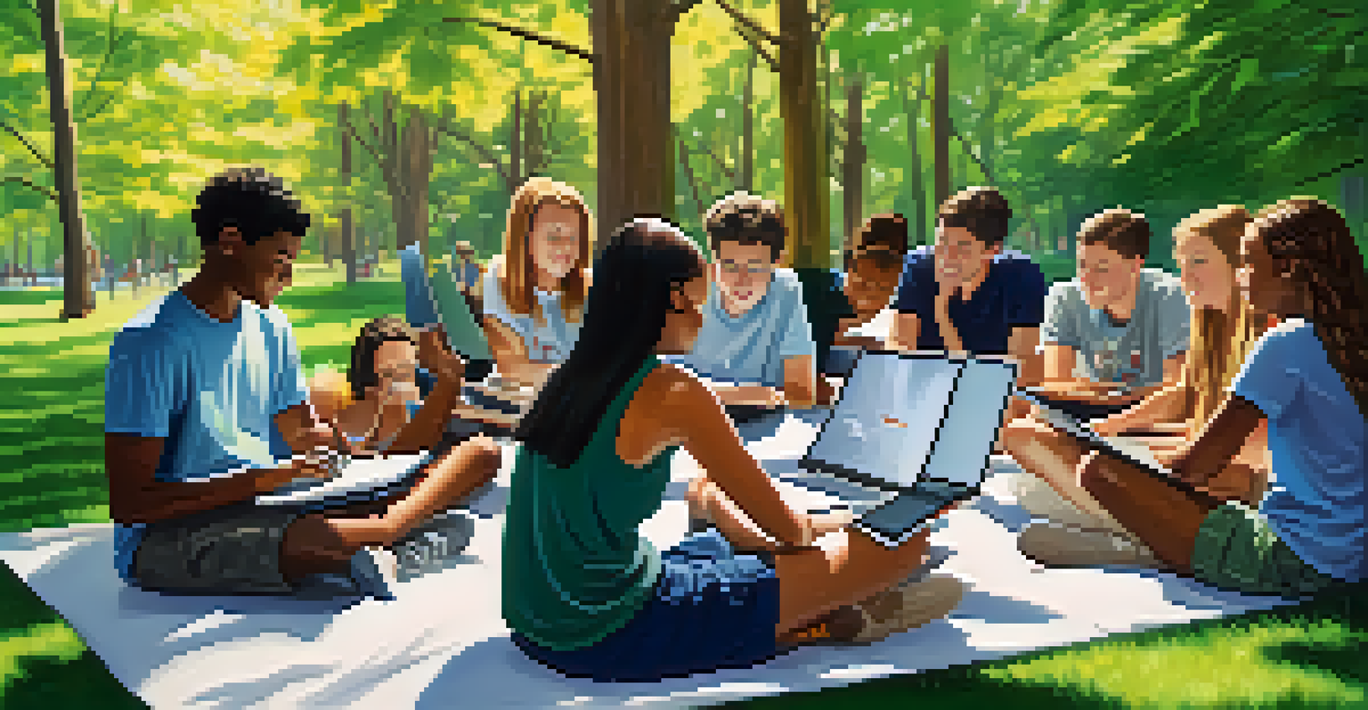 Students collaborating outdoors on a project using laptops and tablets surrounded by nature.