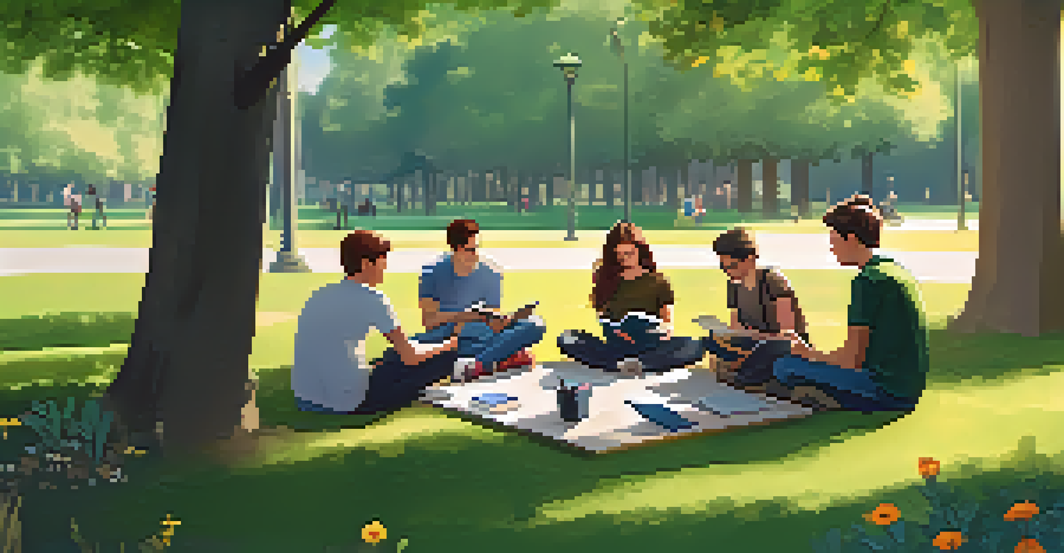 Students sitting in a circle outdoors, collaborating on a group project with tablets and notebooks.