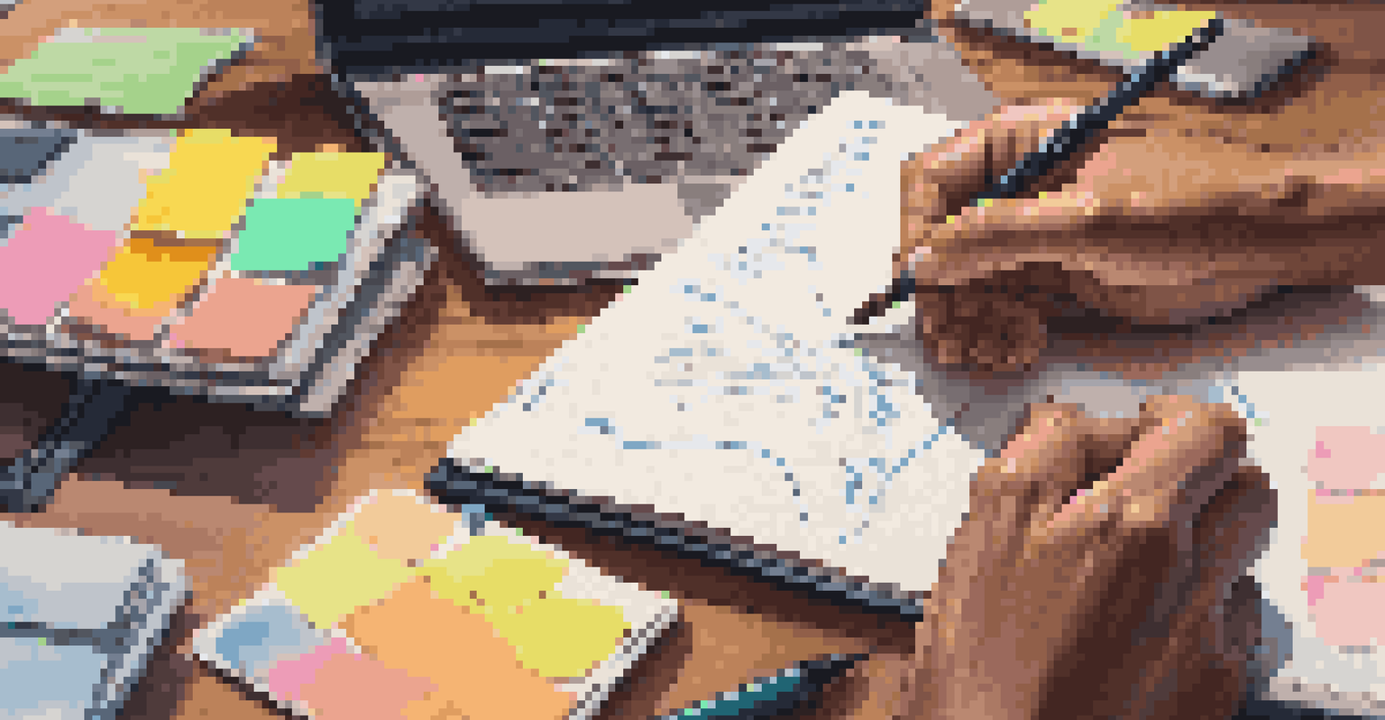 Close-up of hands writing on a notebook with colorful pens and motivational sticky notes, showcasing a focused study environment.