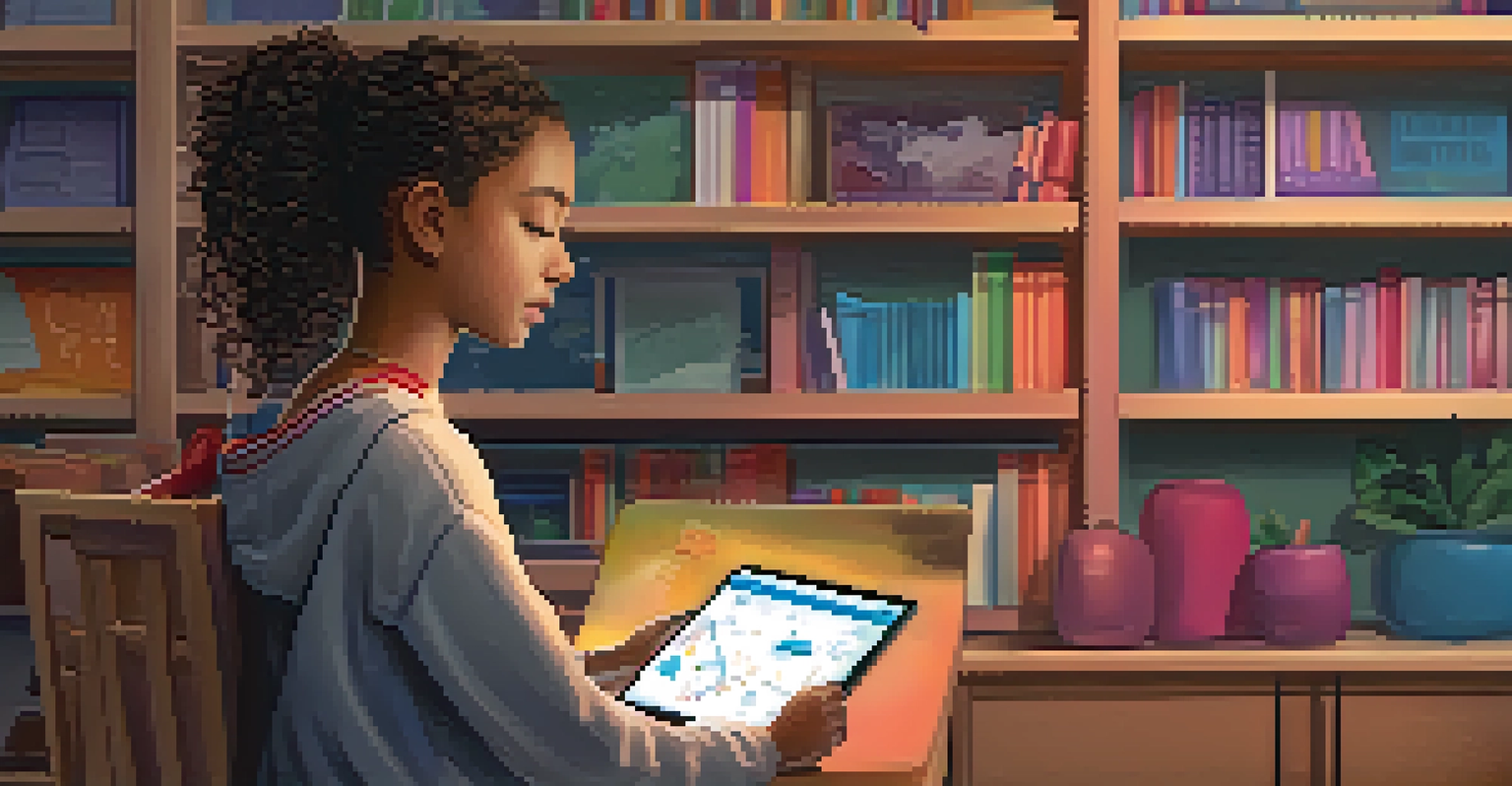 A student engaged with adaptive learning software on a tablet, displaying a colorful interface and a cozy study environment.