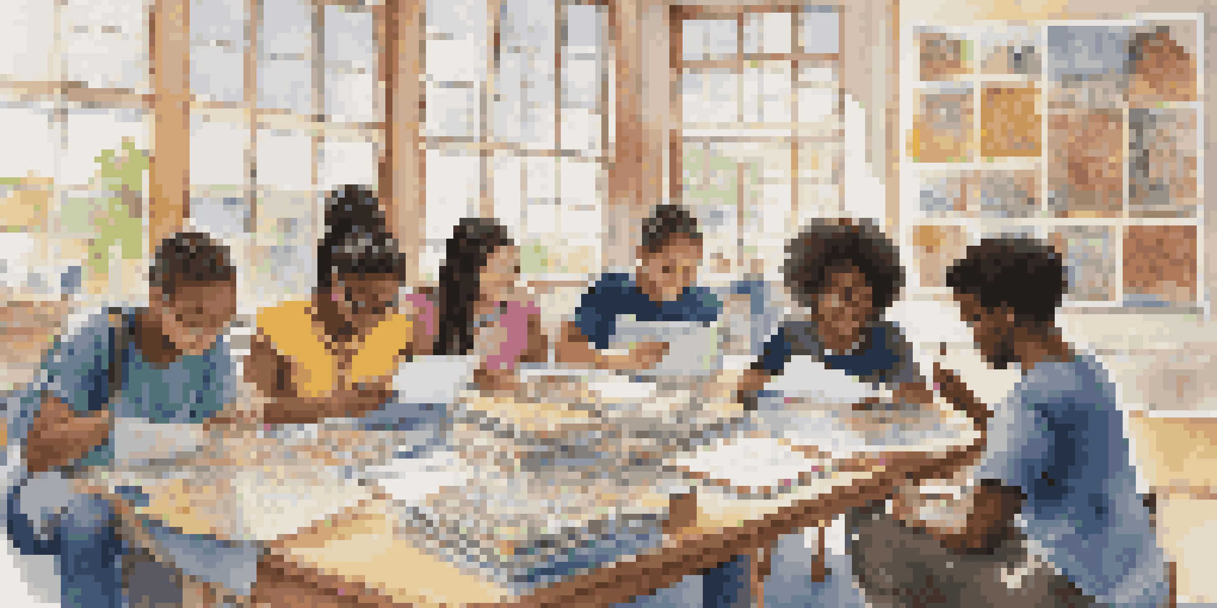 A diverse group of students collaborating on a project, surrounded by books and laptops in a bright, well-lit room.