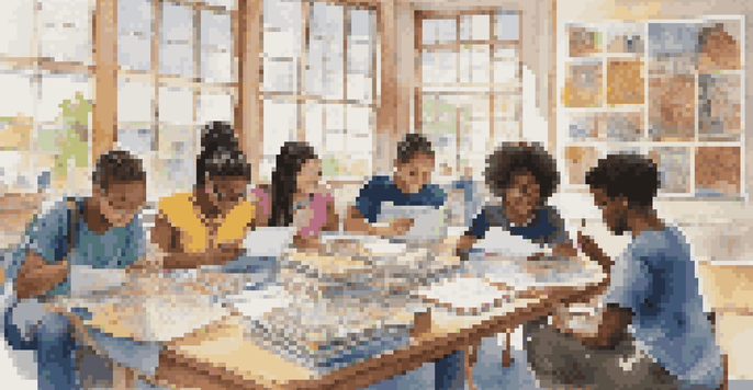 A diverse group of students collaborating on a project, surrounded by books and laptops in a bright, well-lit room.