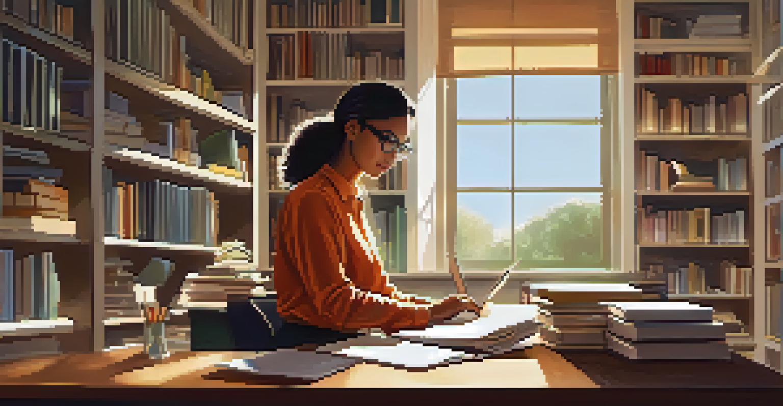 A dedicated teacher grading assignments at a well-organized desk near a window with warm sunlight.