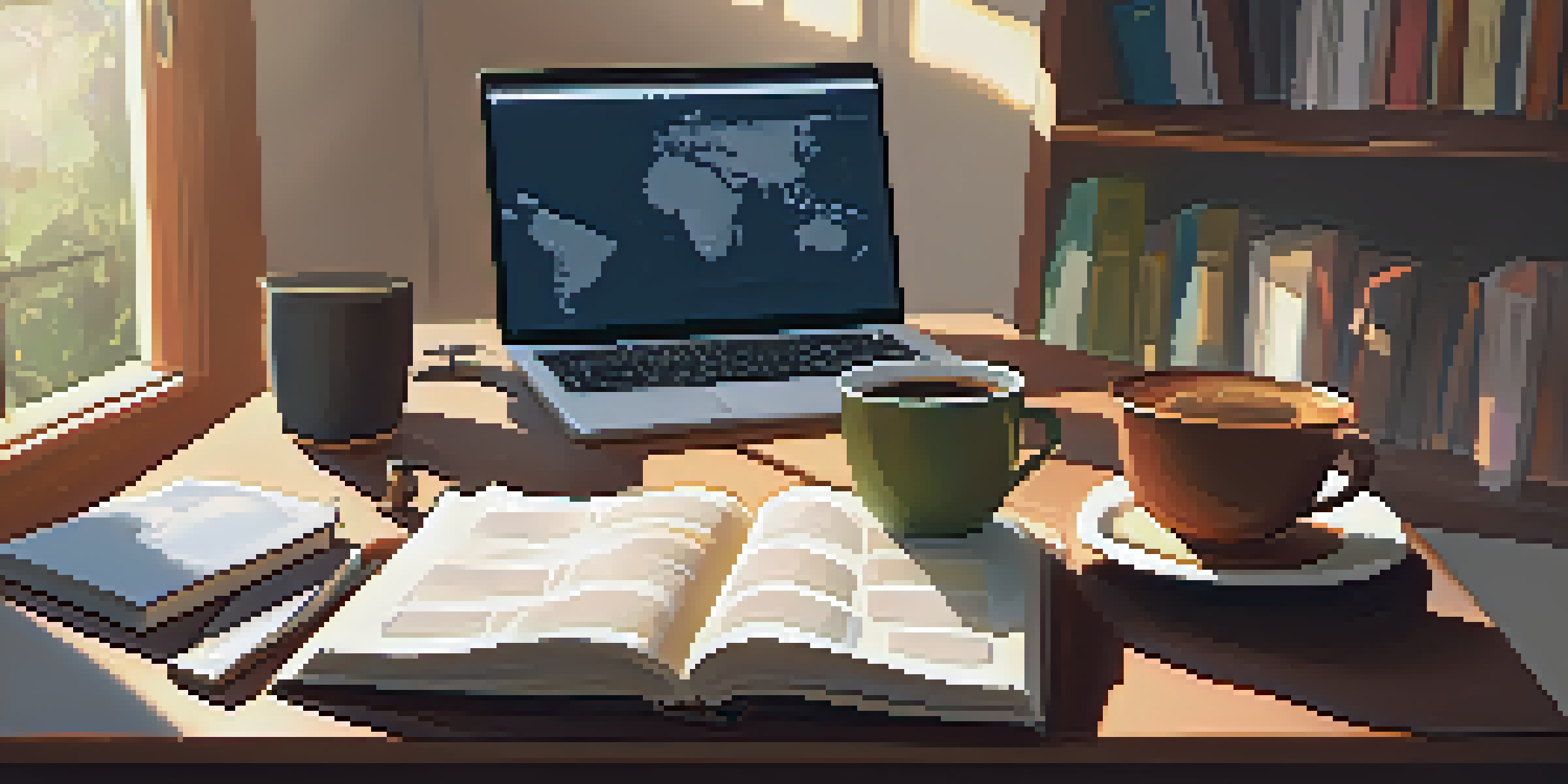 A warm and inviting study room with books, a laptop, a coffee cup, and a world map, representing language learning.