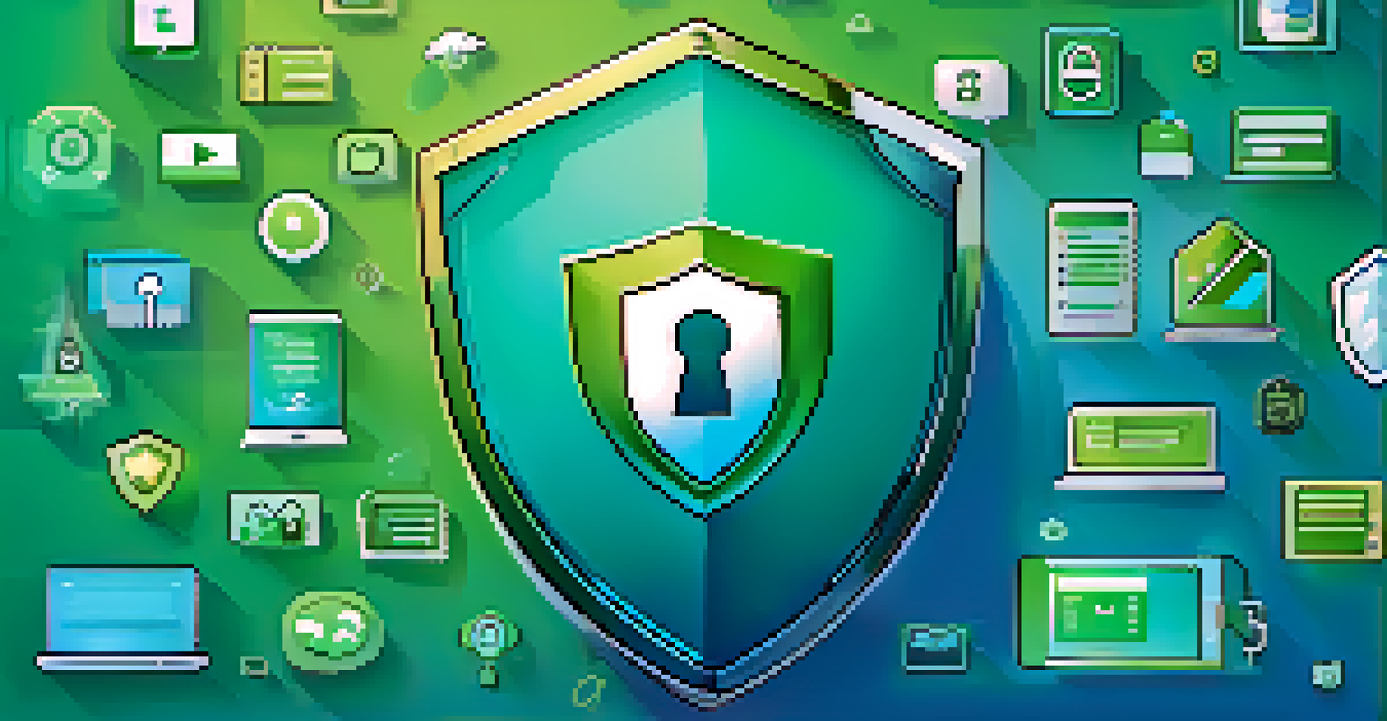 A digital safety shield surrounded by icons of security elements like passwords and privacy settings, on a gradient blue and green background.