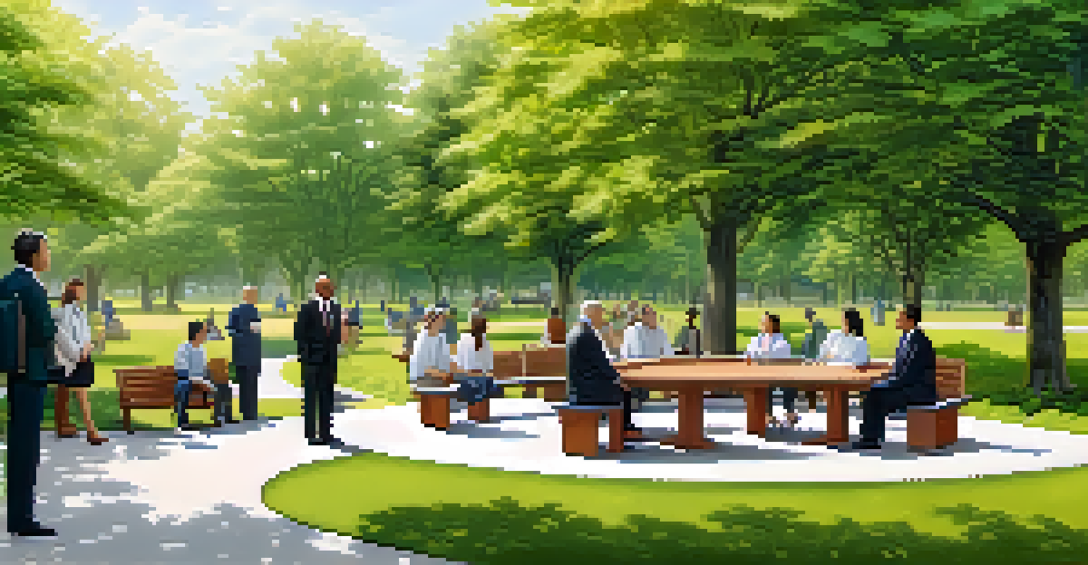 A committee meeting in a park discussing educational policies, surrounded by nature.
