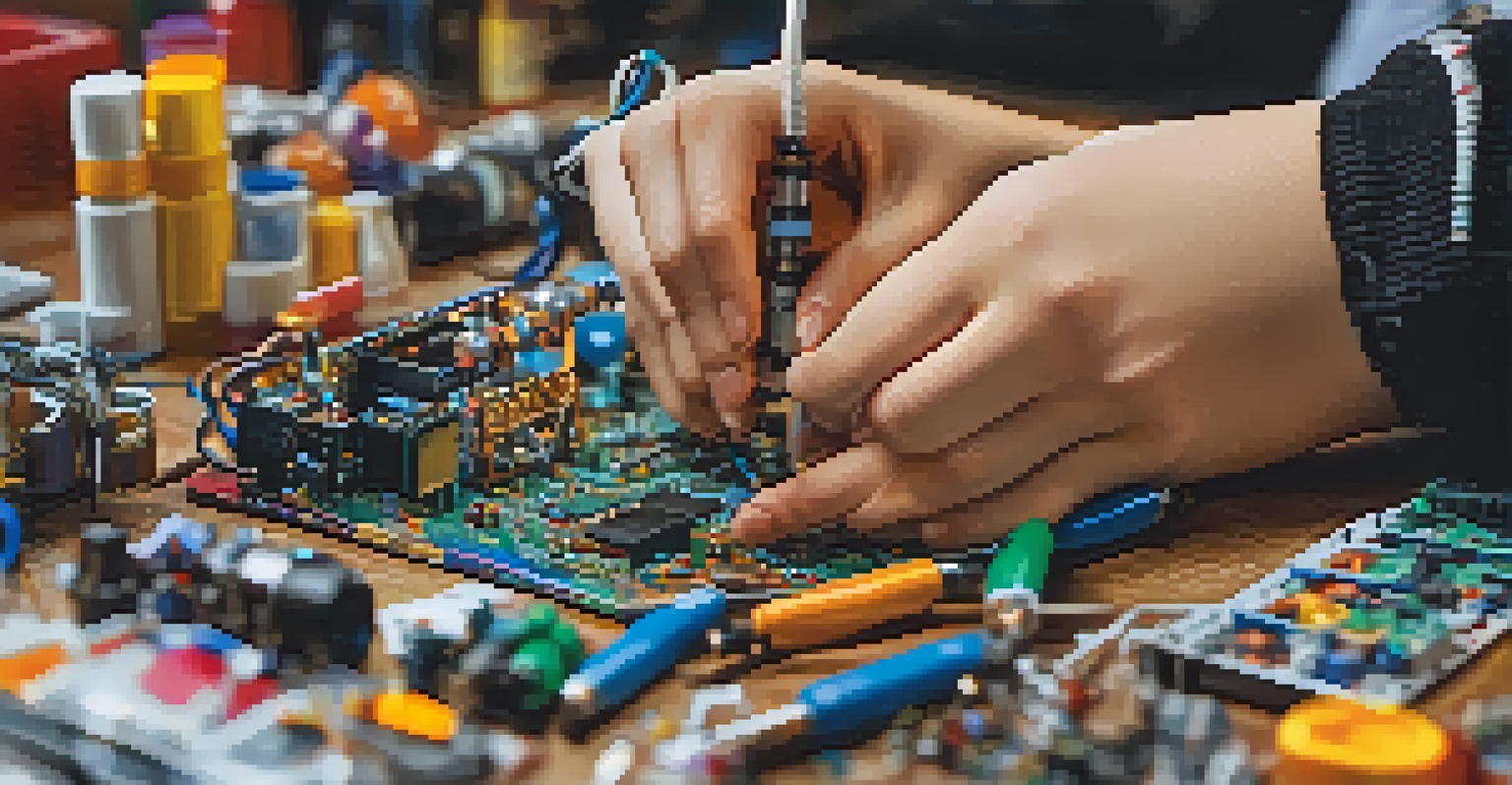 A close-up of hands assembling a robot, highlighting the intricate parts and focused expression.