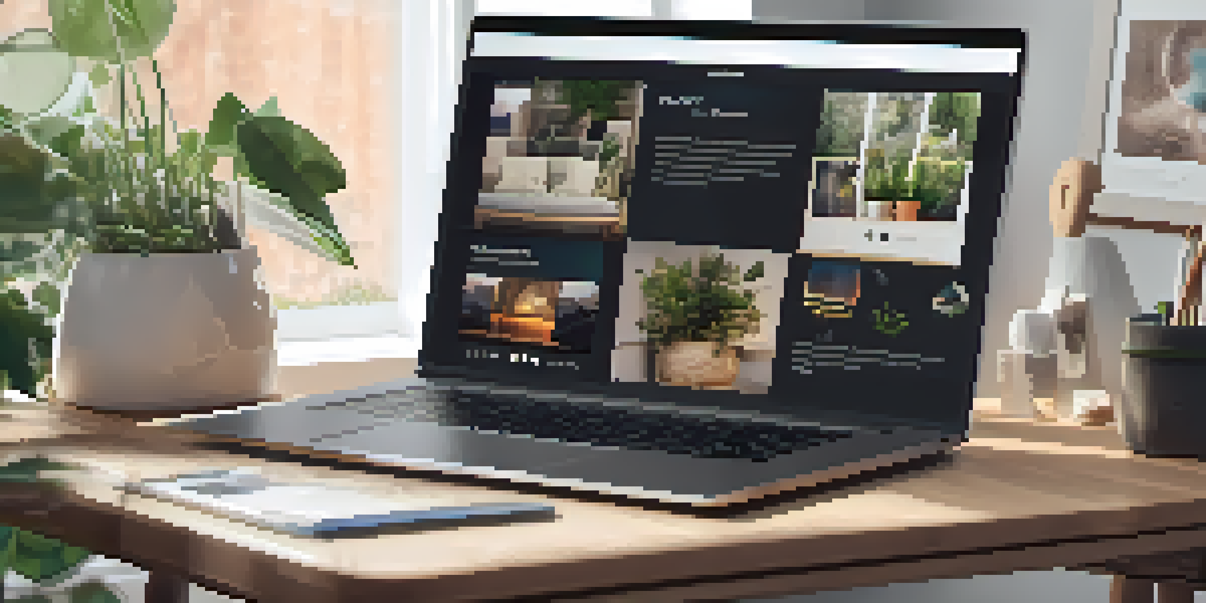 A modern laptop displaying a digital portfolio with multimedia elements, set in a cozy workspace with plants and art supplies.
