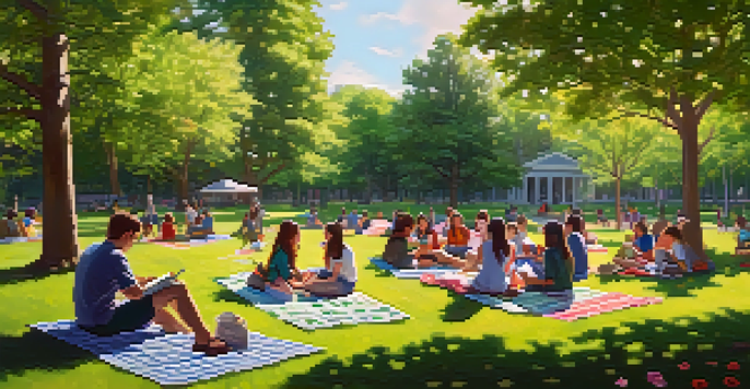 A group of students sitting on colorful picnic blankets in a green park, engaging in activities surrounded by flowers and trees under soft sunlight.