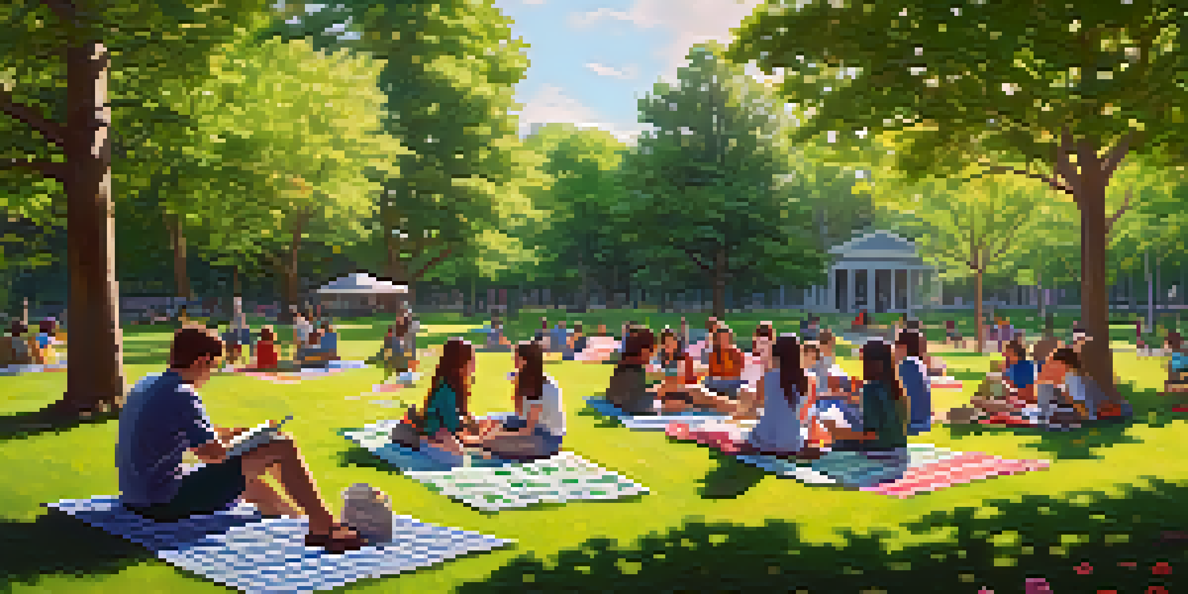 A group of students sitting on colorful picnic blankets in a green park, engaging in activities surrounded by flowers and trees under soft sunlight.