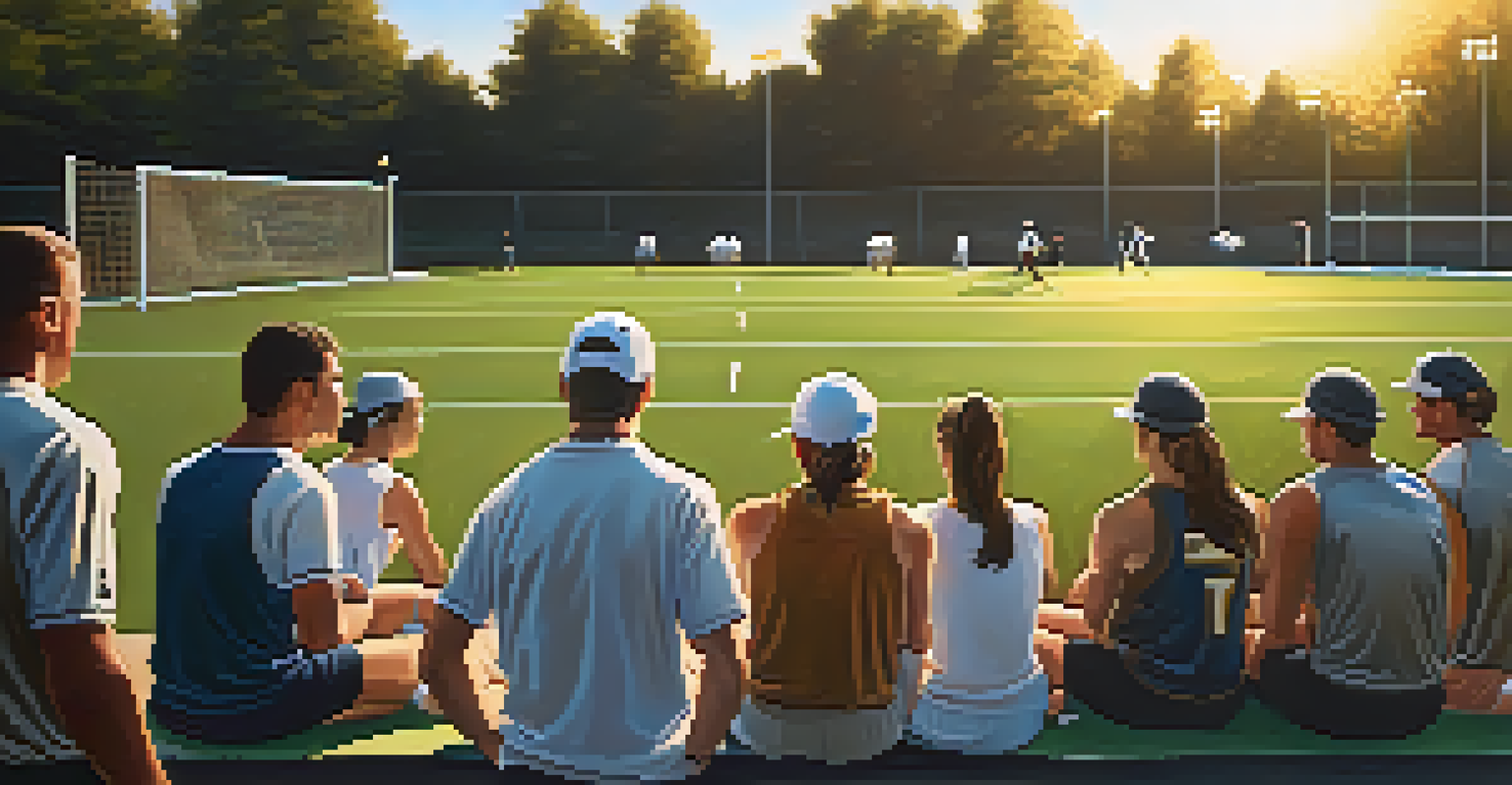 A sports coach giving real-time feedback to athletes on a field during practice, with a warm sunset backdrop creating a sense of teamwork.
