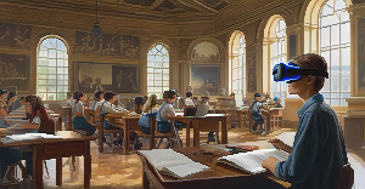 A student using virtual reality to study history, surrounded by classmates participating in group discussions and projects.