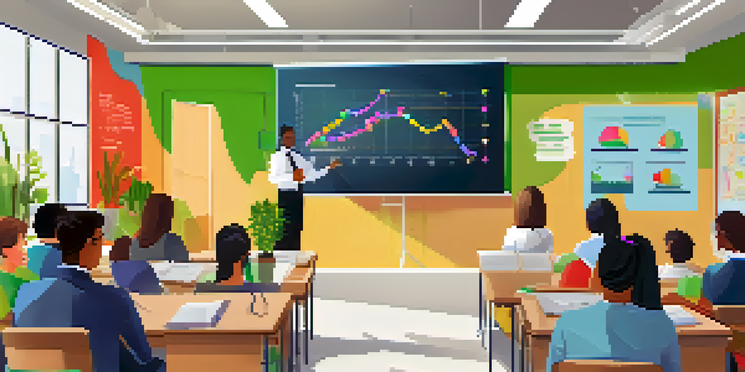 A bright classroom where an educational leader is training teachers on learning analytics, featuring colorful graphs on a screen and engaged participants.