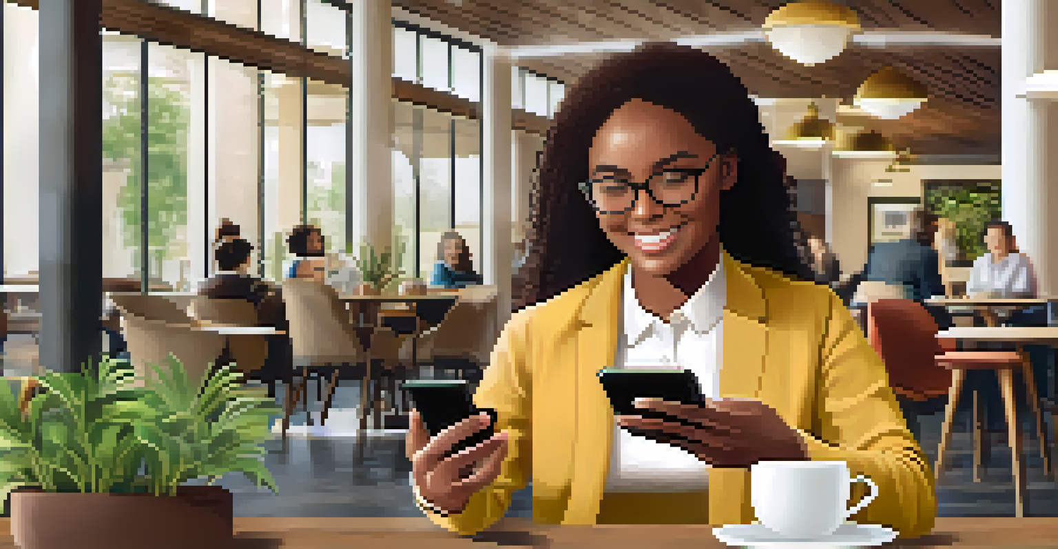 An employee in a café using a smartphone to access microlearning content on crisis management. The setting is relaxed and casual.