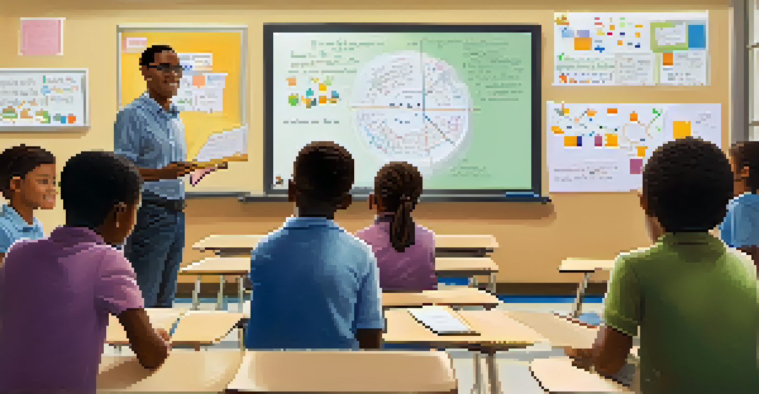 A teacher using visual aids to teach math in a well-decorated classroom, with students engaged in different learning activities.