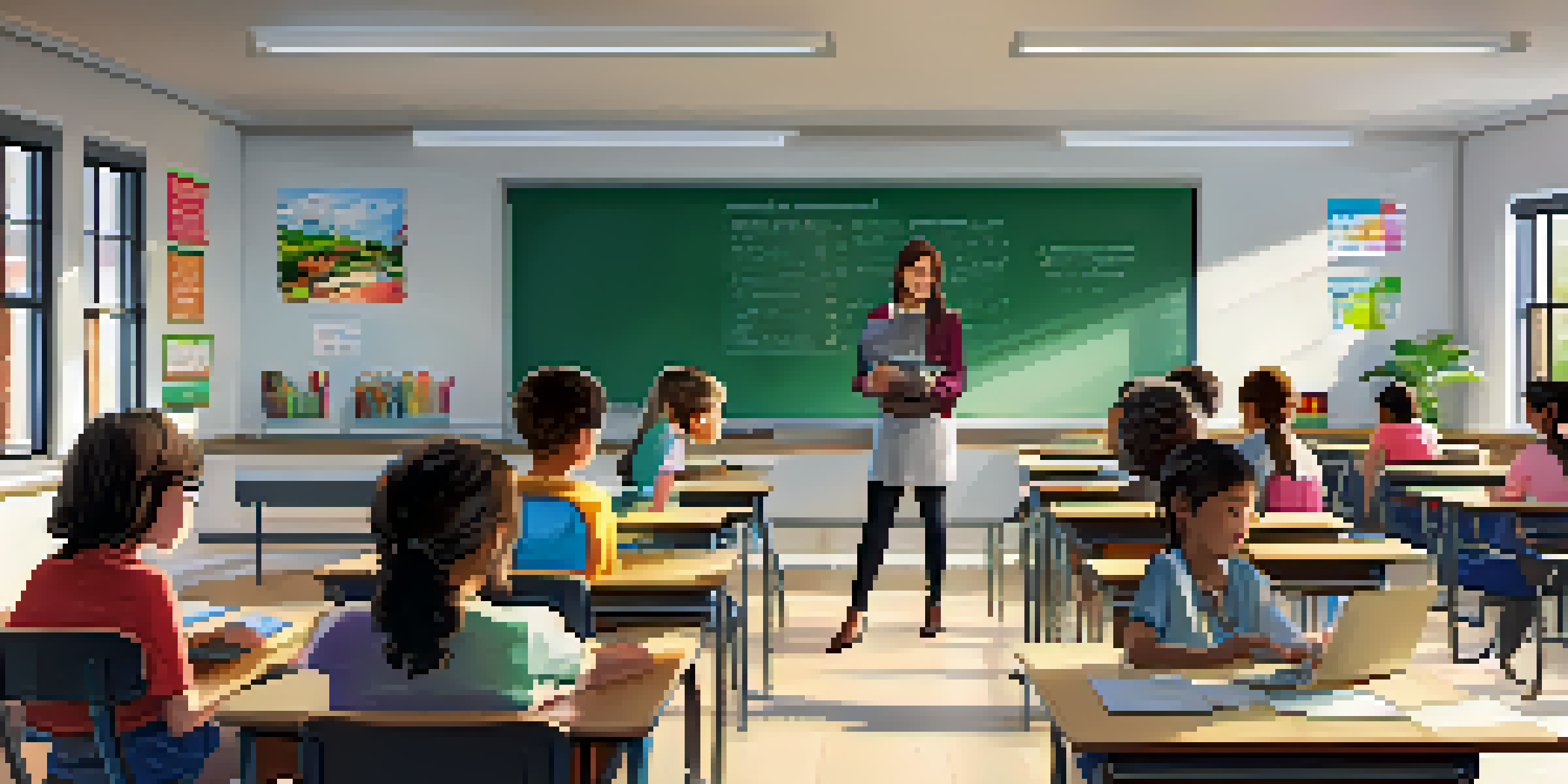 A lively classroom where students use laptops while a teacher engages with them, illuminated by natural light from large windows.