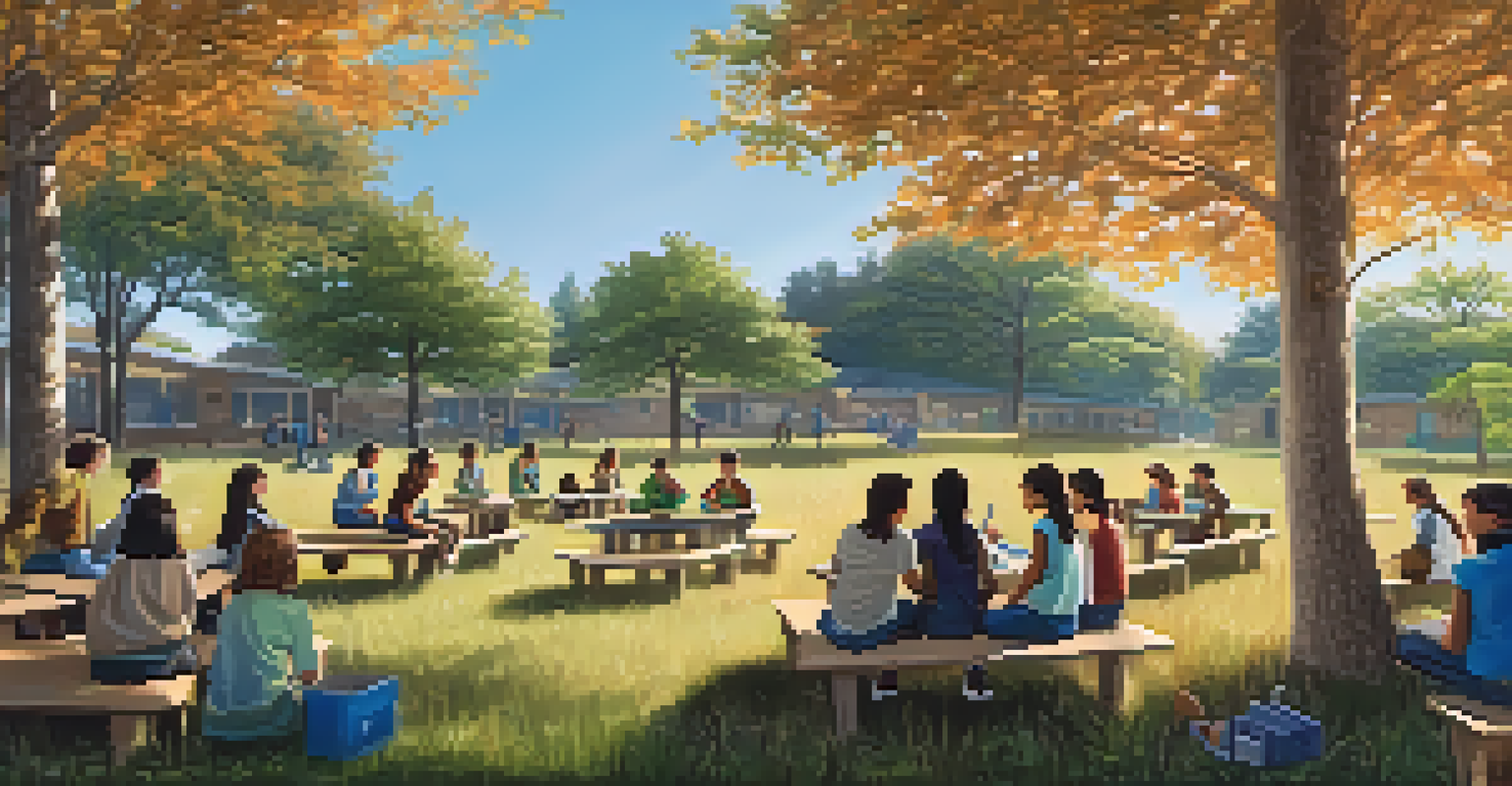 Students engaged in an outdoor classroom activity, discussing environmental challenges with a community expert under a blue sky.
