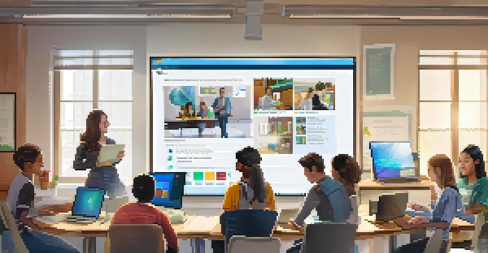A diverse group of students in a digital classroom, using laptops and tablets while engaging with an online Learning Management System interface that displays educational resources.