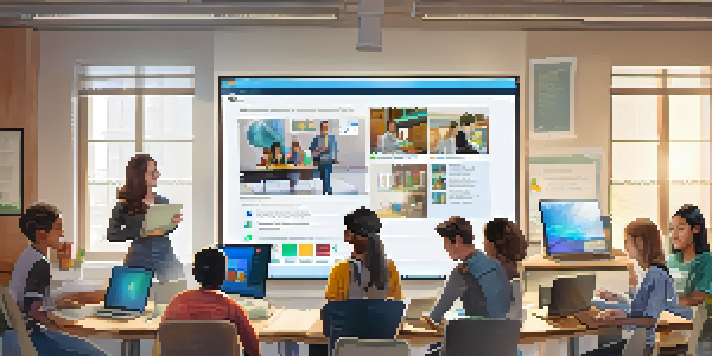 A diverse group of students in a digital classroom, using laptops and tablets while engaging with an online Learning Management System interface that displays educational resources.
