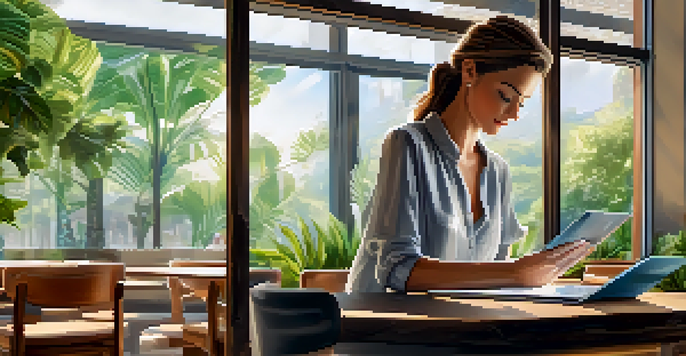 A person using a tablet in a cafe with greenery, focusing on a microlearning module on the screen.