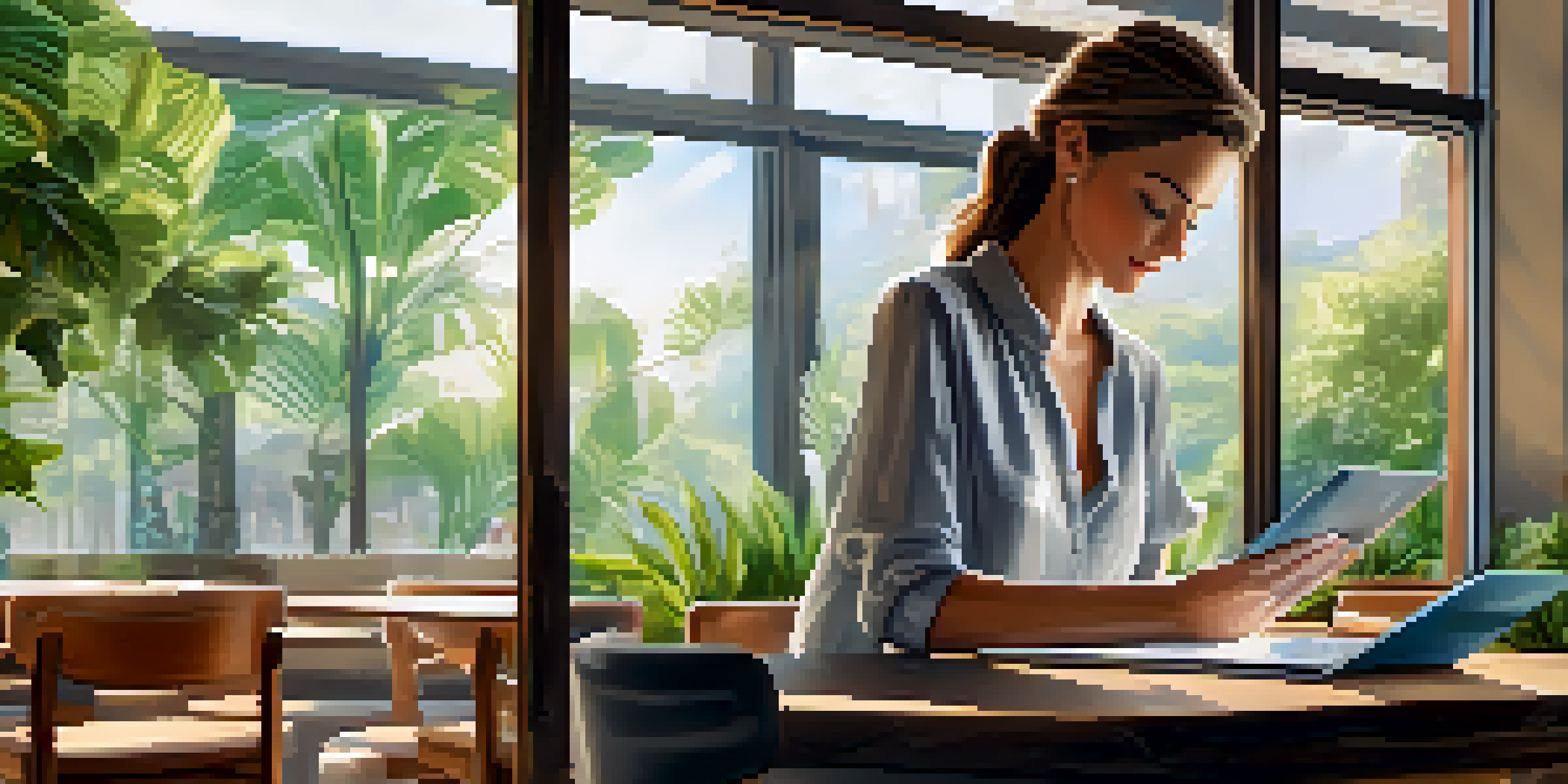 A person using a tablet in a cafe with greenery, focusing on a microlearning module on the screen.