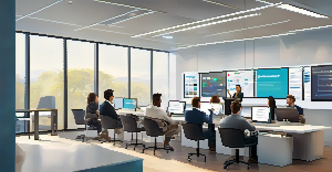 A bright and modern training room with diverse customer service agents actively participating in a microlearning session using tablets and laptops.