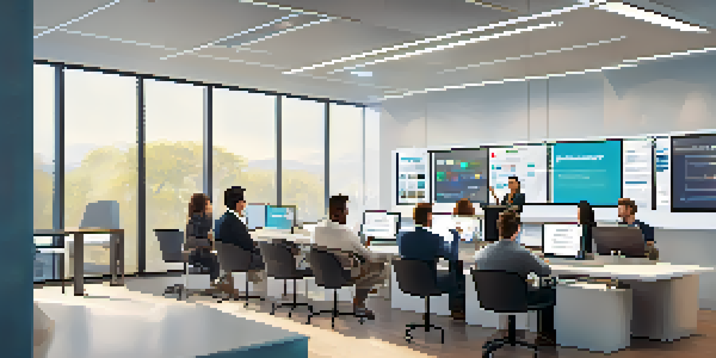 A bright and modern training room with diverse customer service agents actively participating in a microlearning session using tablets and laptops.